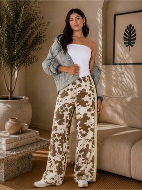 Grayson Threads Wide Leg Cowprint Jogging Pants in Brown & White